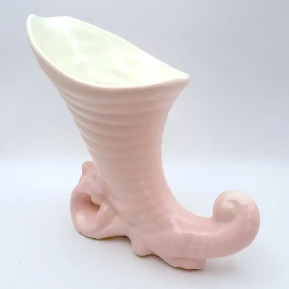 Vintage Pink Cornucopia Vase Pair, Horn of Plenty Art Pottery Mantel Vases